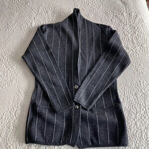 VTG EUC Anne Klein Knitware by Sadimara grey lambswool cardigan w/silver stripes